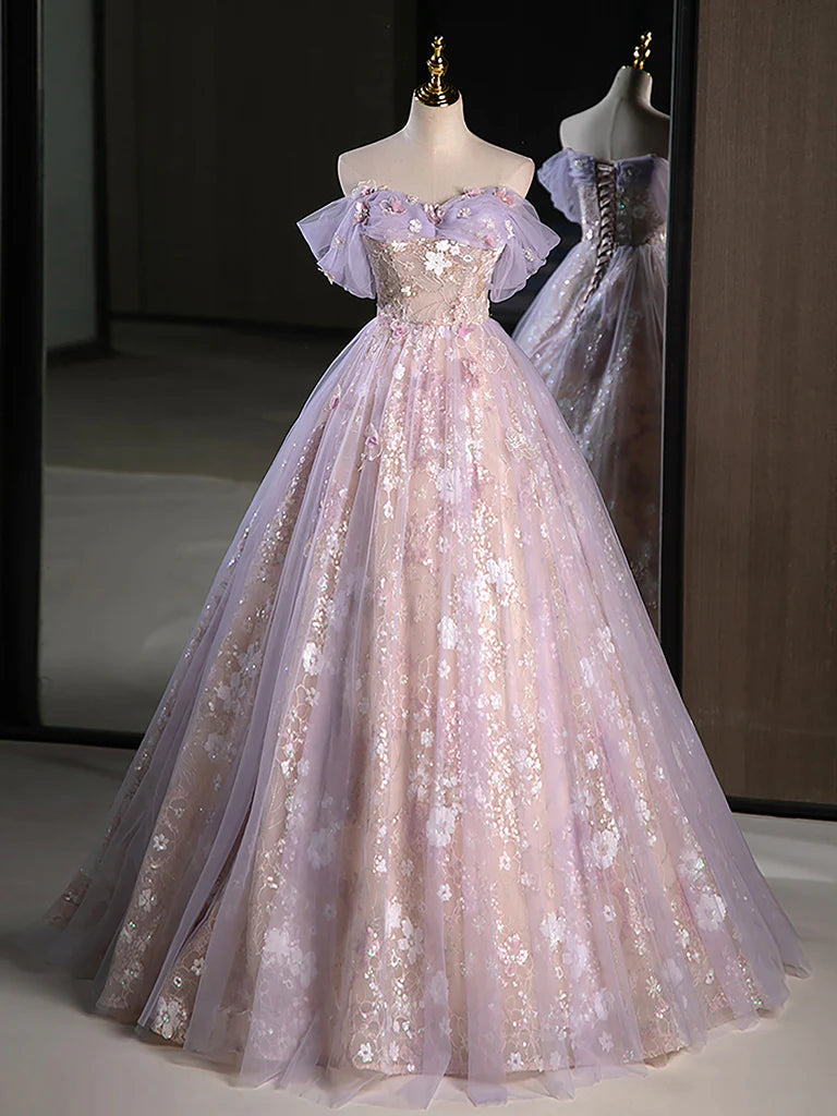A-Line Off Shoulder Tulle Lace Purple Long Prom Dress, Purple Formal Dress DP3366