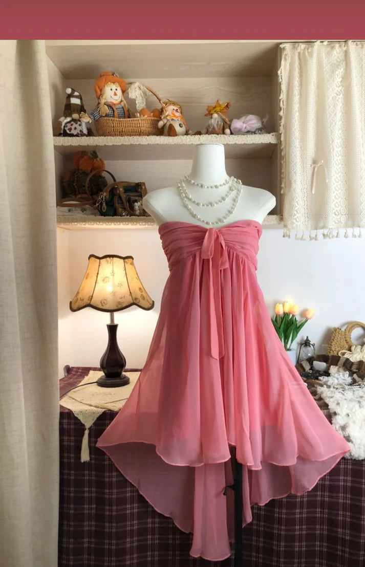 Retro Strapless Pink Chiffon Homecoming Dress Formal Party Dress DP3051