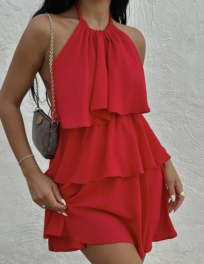 Cute A Line Halter Tiered Red Chiffon Short Homecoming Dress Birthday Dress DP1681