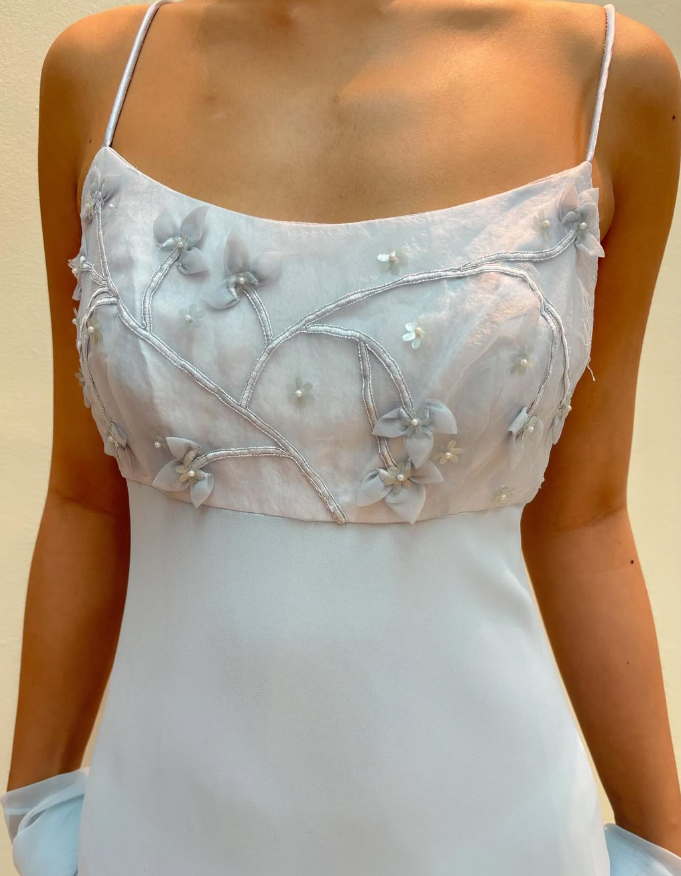 Baby Blue Sheath Spaghetti Straps Appliques Chiffon Prom Dress Evening Dress DP1790