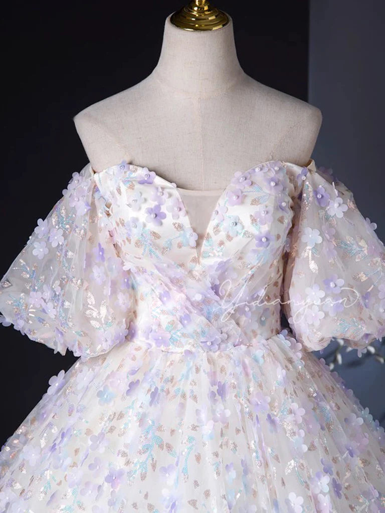 A Line Puff Sleeves Sweetheart Neck Appliques Tulle Long Prom Dress Ball Gown DP1059