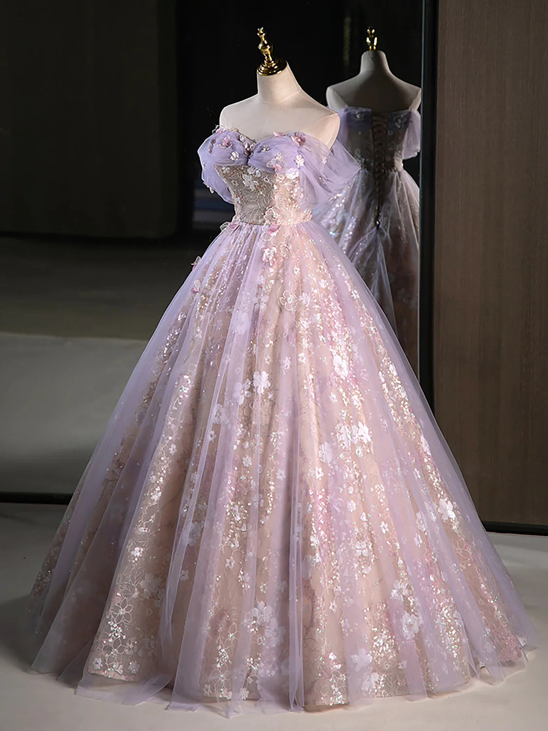 A-Line Off Shoulder Tulle Lace Purple Long Prom Dress, Purple Formal Dress DP3366