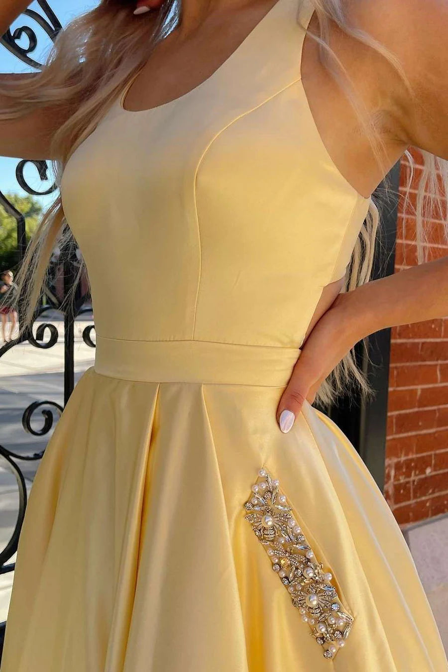Yellow Round Neck Cutout Back A Line Prom Dress with Rhinestones DP1131