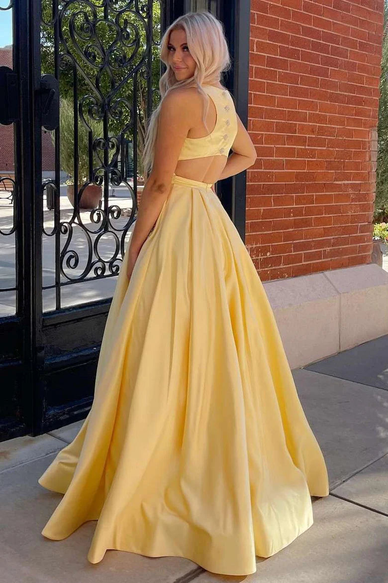 Yellow Round Neck Cutout Back A Line Prom Dress with Rhinestones DP1131