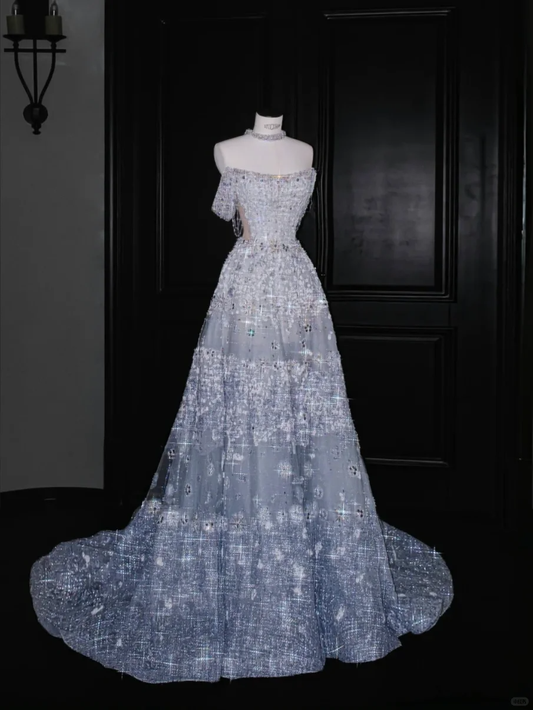 Shiny A Line Off the Shoulder Sequin Rhinestone Tulle Prom Dress Party Dress DP2684