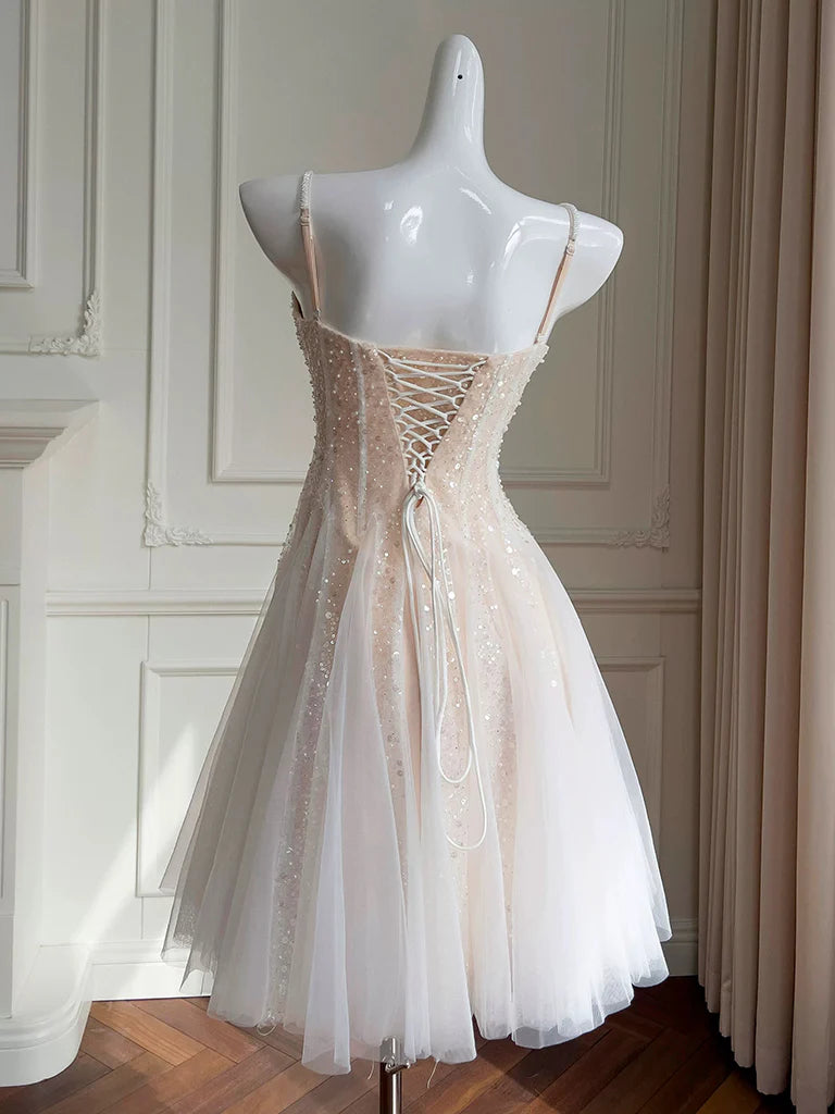 A Line Spaghetti Straps Sequins Tulle Short Homecoming Dress DP782