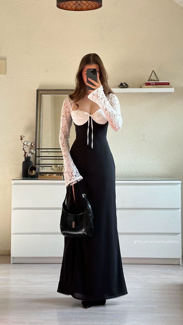 Classic Black-white Mermaid Long Sleeve Lace Satin Prom Dress Evening Dress DP6713