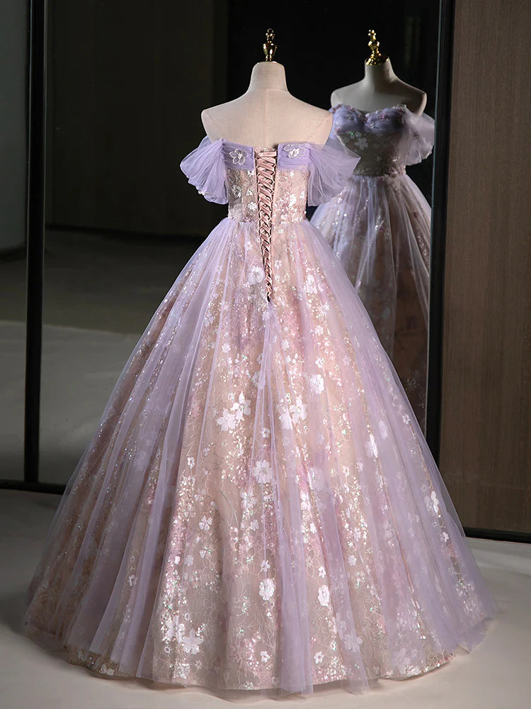 A-Line Off Shoulder Tulle Lace Purple Long Prom Dress, Purple Formal Dress DP3366