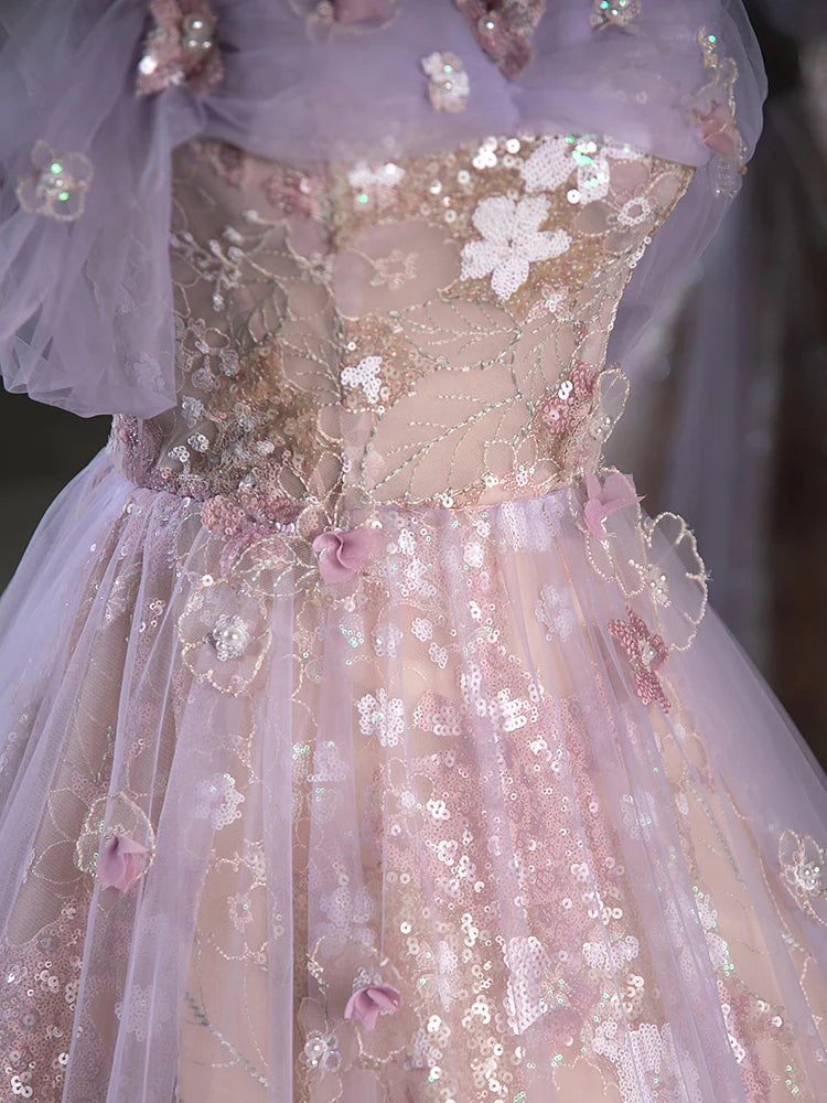 A-Line Off Shoulder Tulle Lace Purple Long Prom Dress, Purple Formal Dress DP3366