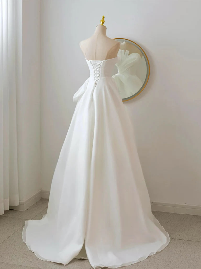 Elegant A Line Strapless White Organza Long Prom Dress Formal Dress DP1178