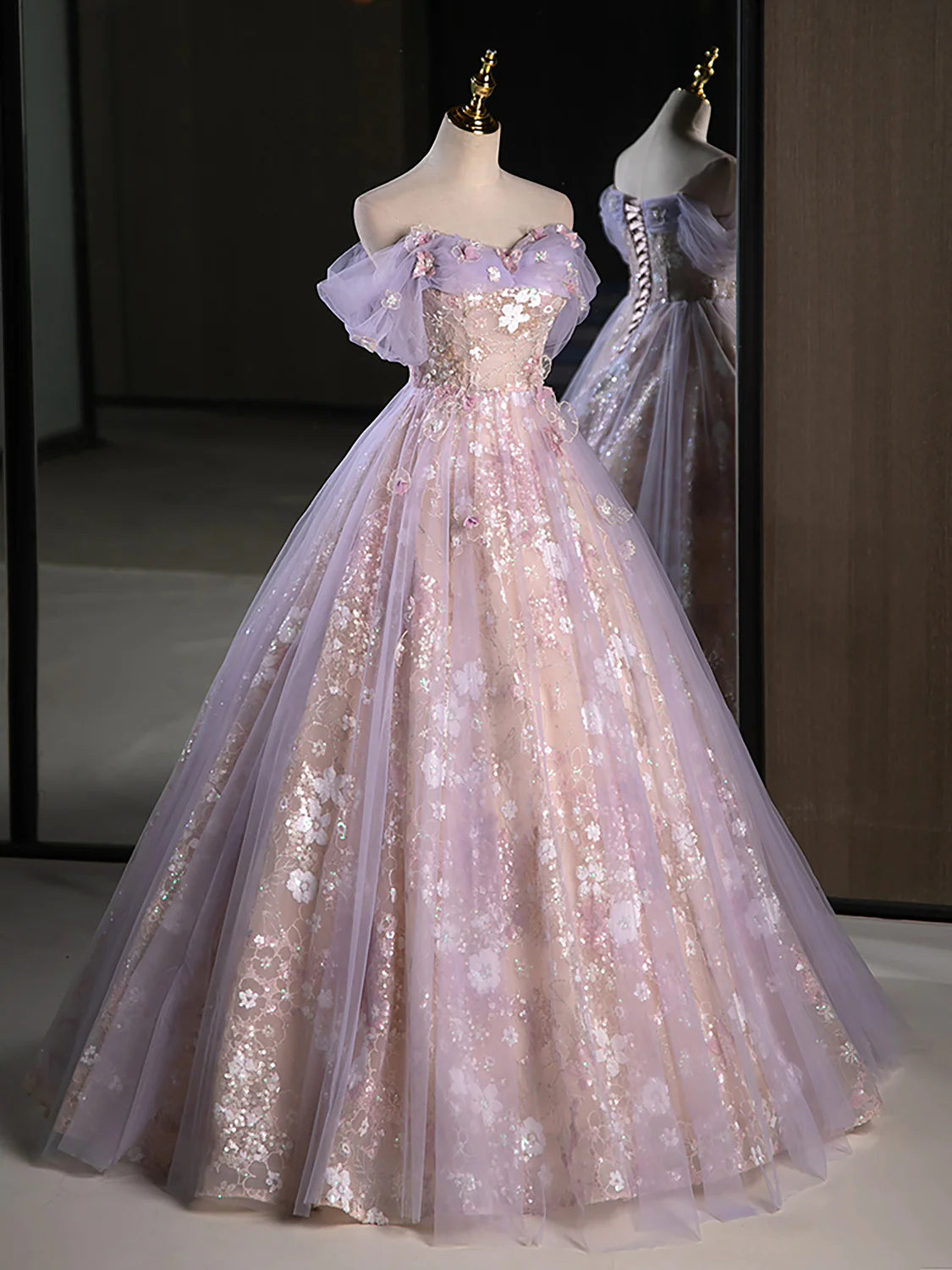 A-Line Off Shoulder Tulle Lace Purple Long Prom Dress, Purple Formal Dress DP3366