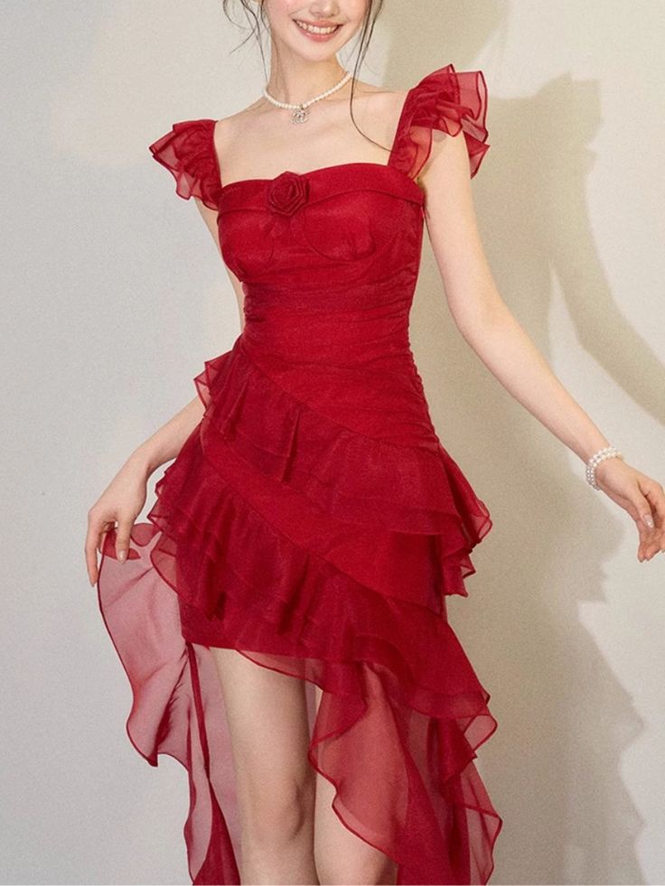 Flowy A Line Straps Ruffle Burgundy Chiffon Short Homecoming Dress Cocktail Dress DP2542