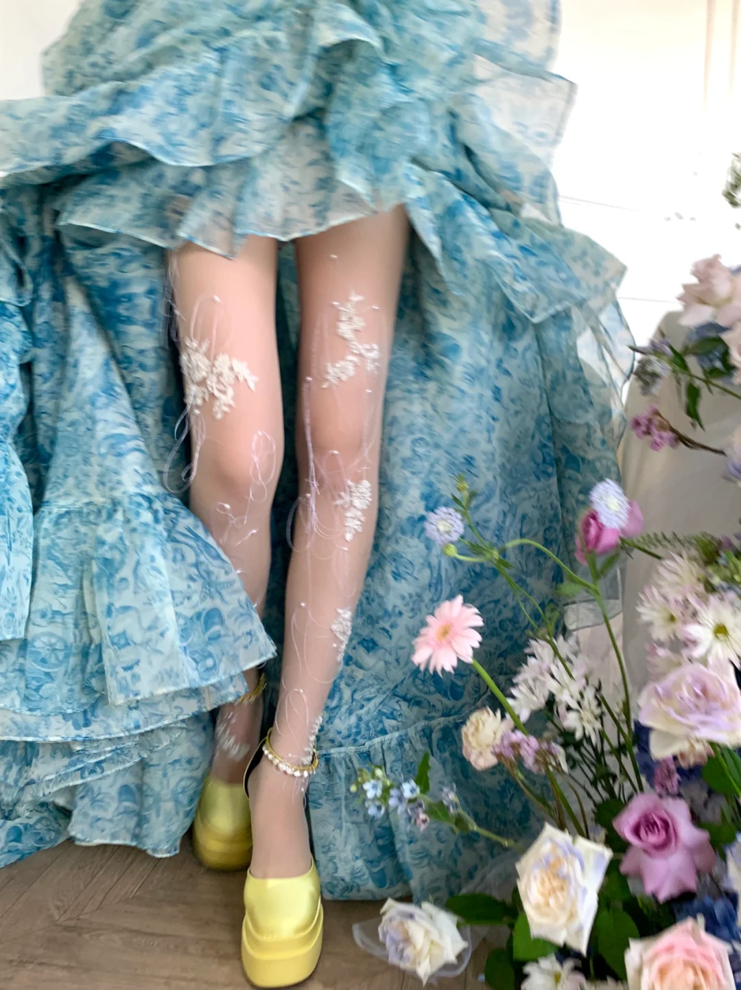 Blue Ball Gown Puff Print Floral Ruffle Chiffon Long Party Dress Birthday Dress with Slit DP2422