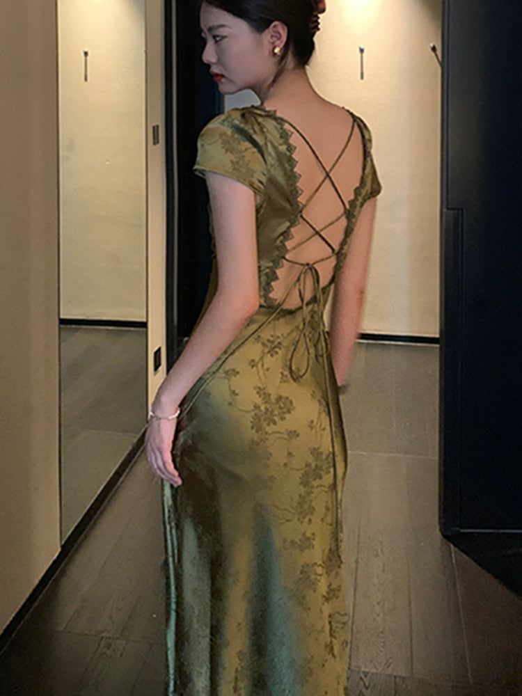 Eleagnt Green Sheath Print Satin Backless Prom Dress Graduation Prom Dress DP6656