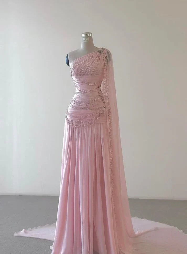 Elegant A Line One Shoulder Beaded Pink Chiffon Long Sweep Prom Dress Evening Dress DP2227