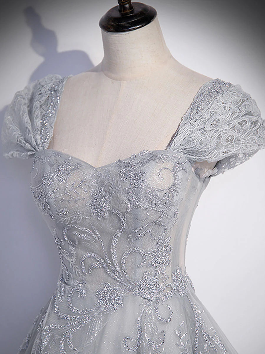 Gray Sweetheart Neck Tulle Lace Long Prom Dress, Gray Evening Dress DP3369