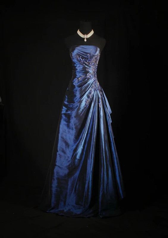 Vintage Ball Gown Strapless Navy Blue Satin Long Prom Dresses Party Dress DP3246