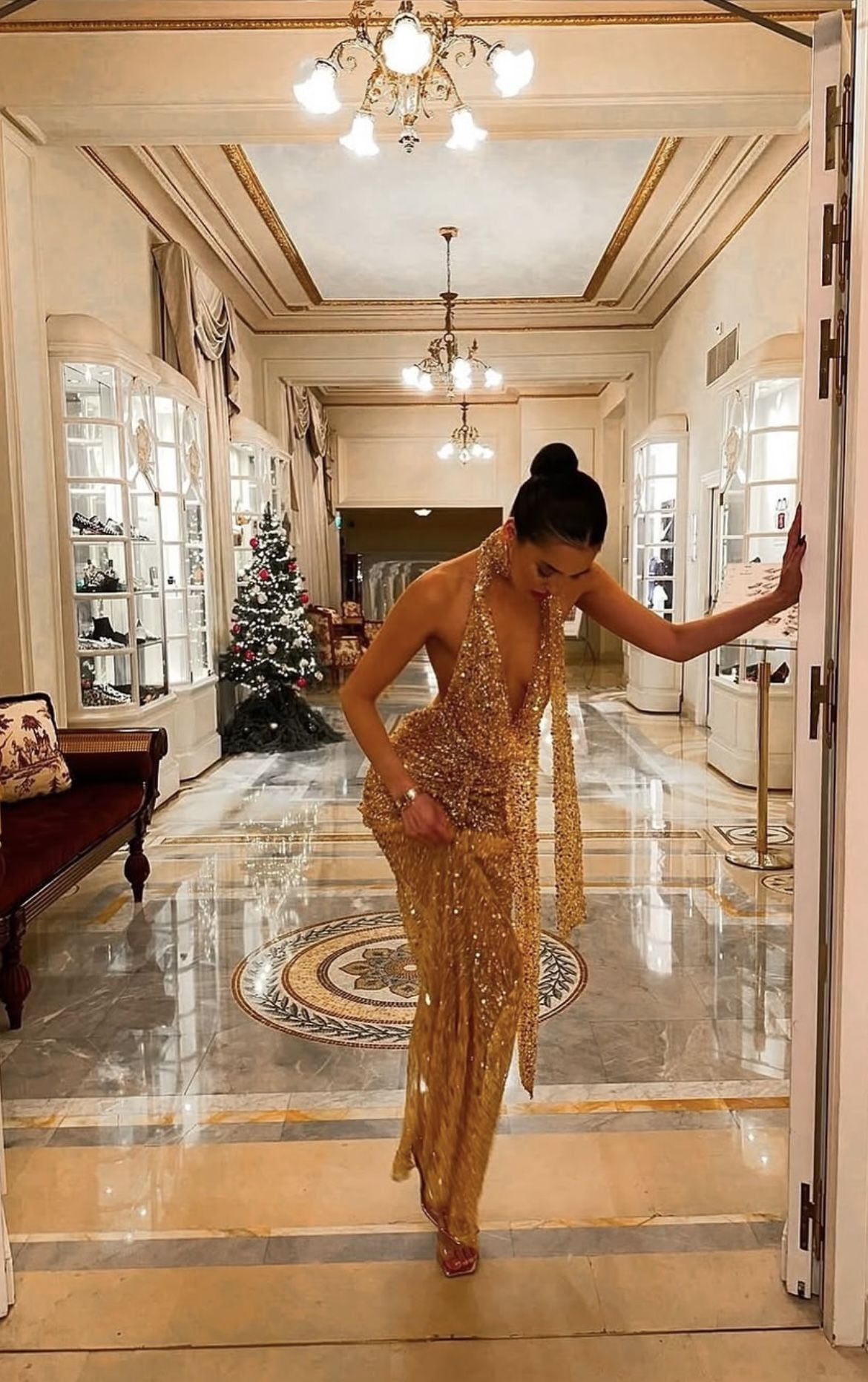 Sexy A Line Halter Gold Sequin Open Back Prom Dress Evening Dress DP4119