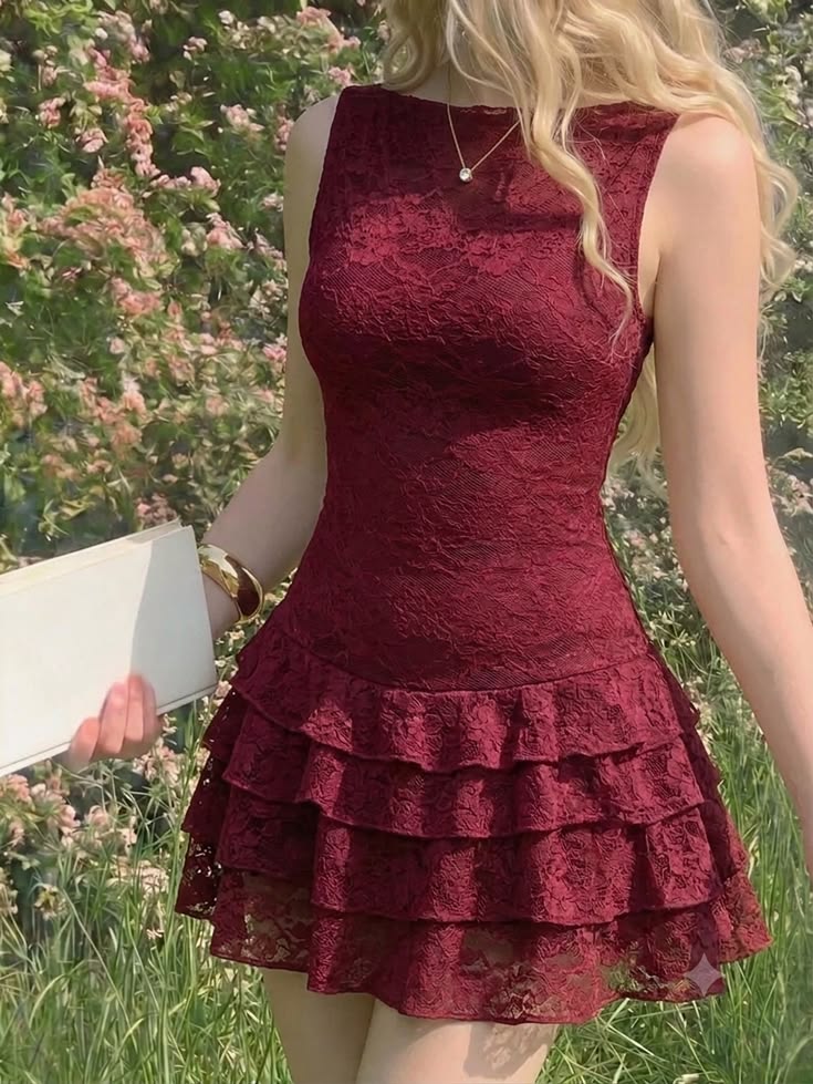 Cute Burgundy A Line Layered Lace Short Homecoming Dress Outfits DP6879