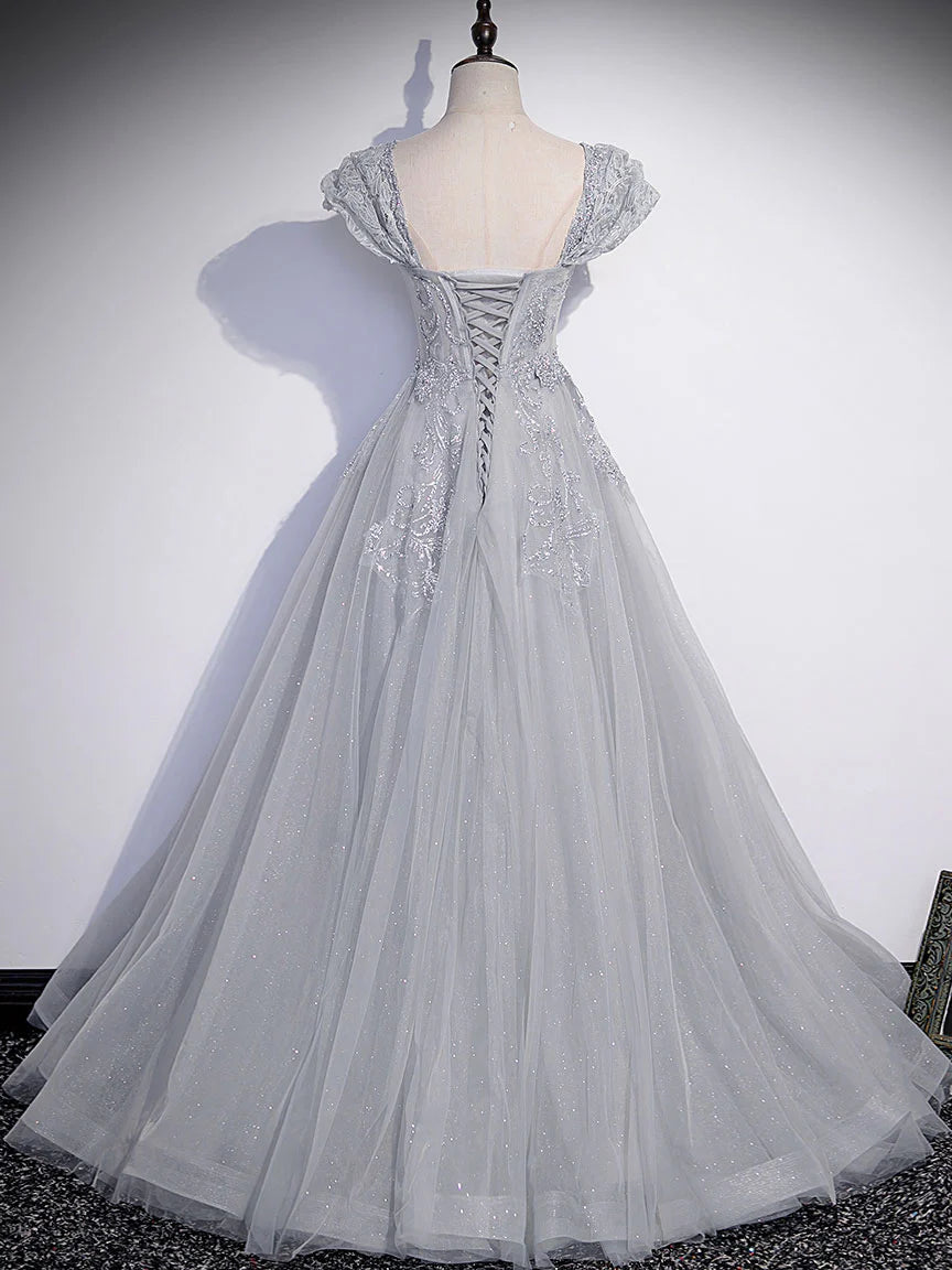 Gray Sweetheart Neck Tulle Lace Long Prom Dress, Gray Evening Dress DP3369