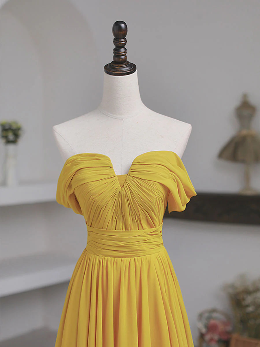 Simple Yellow Off the Shoulder Chiffon Long Prom Dress Graduation Dresses DP1152