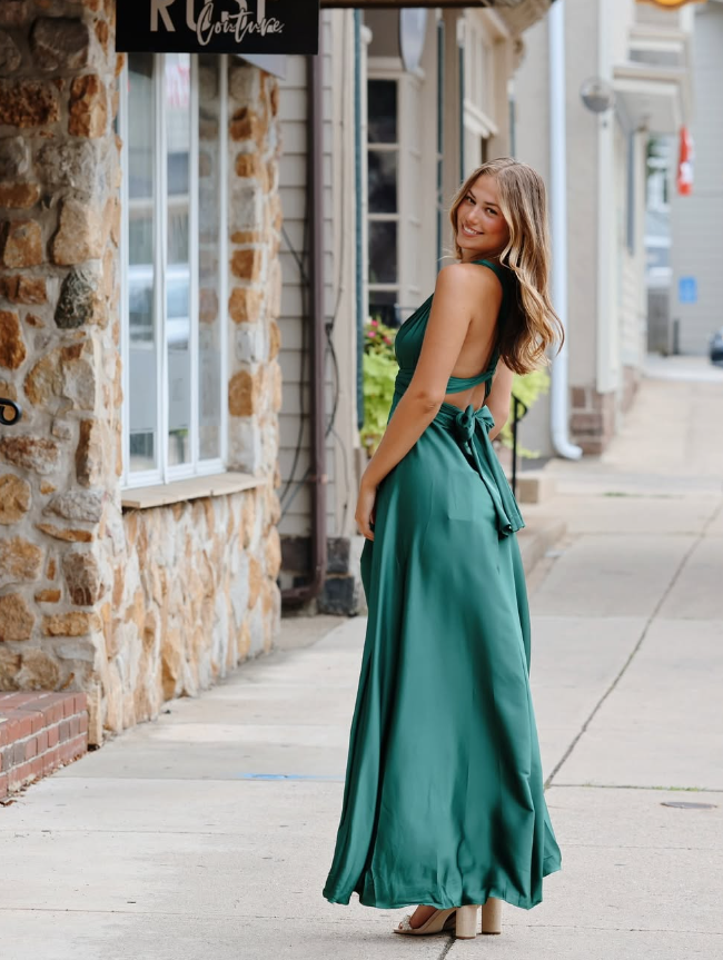 Charming A Line Halter Green Satin Open Back Prom Dress Evening Dress DP1854