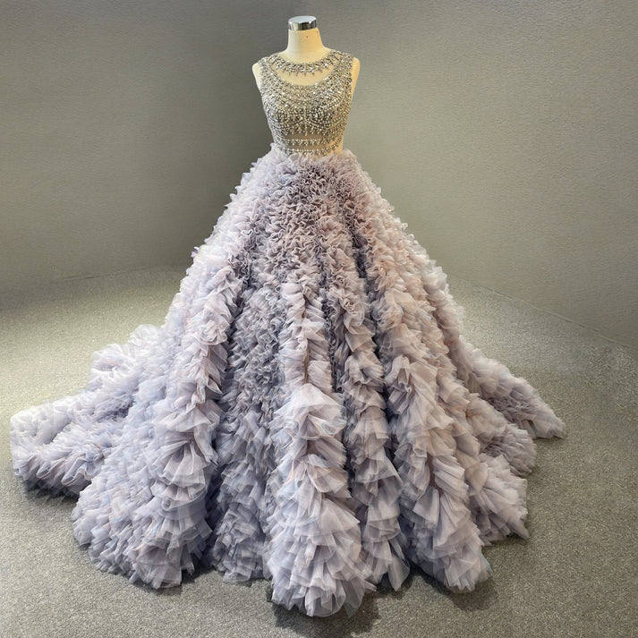 Luxurious Ball Gown Diamond Purple Tulle Long Prom Dress DP1395