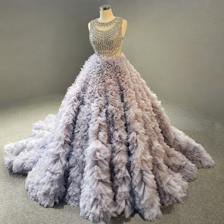 Luxurious Ball Gown Diamond Purple Tulle Long Prom Dress DP1395
