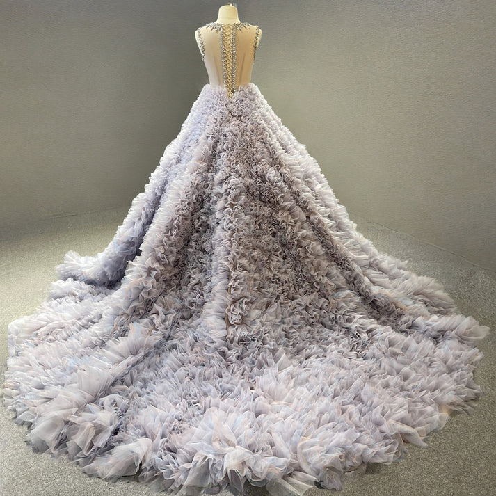 Luxurious Ball Gown Diamond Purple Tulle Long Prom Dress DP1395