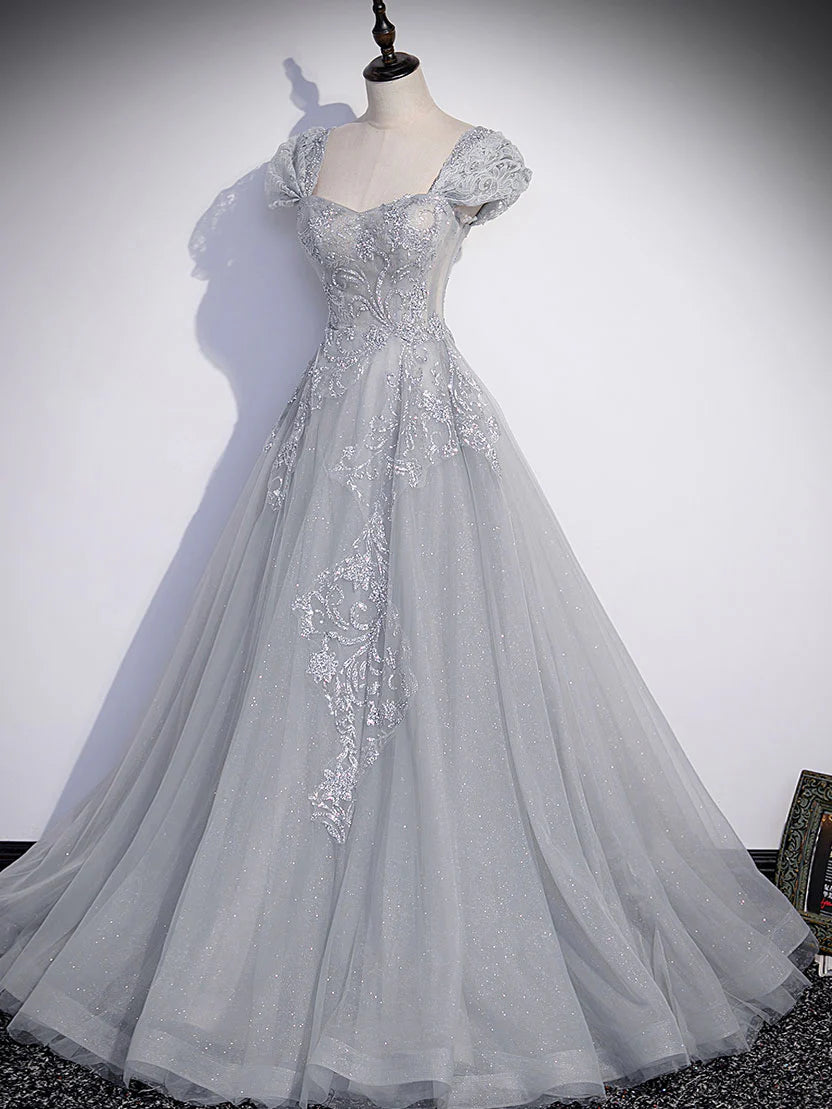 Gray Sweetheart Neck Tulle Lace Long Prom Dress, Gray Evening Dress DP3369