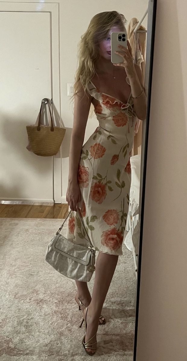 Gentle Sheath Straps Printed Floral Chiffon Tea Length Vacation Dress Outfits DP4044