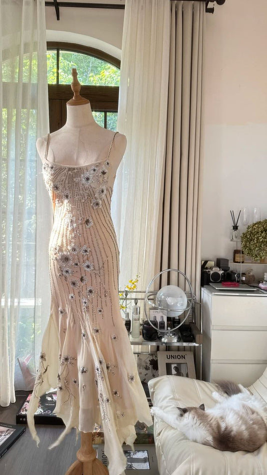 Gentle Mermaid Spaghetti Strap Beaded Flower Ivory Chiffon Long Party Dress Evening Dress DP2340