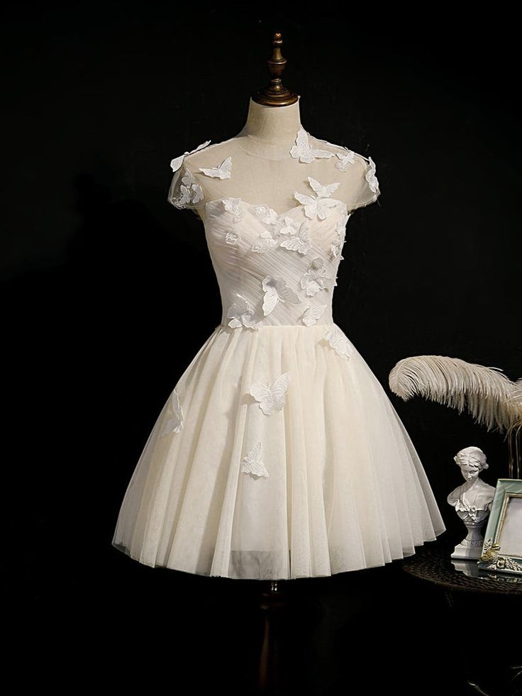 White A Line Round Neck Butterfly Appliques Tulle Short Homecoming Dress DP1327