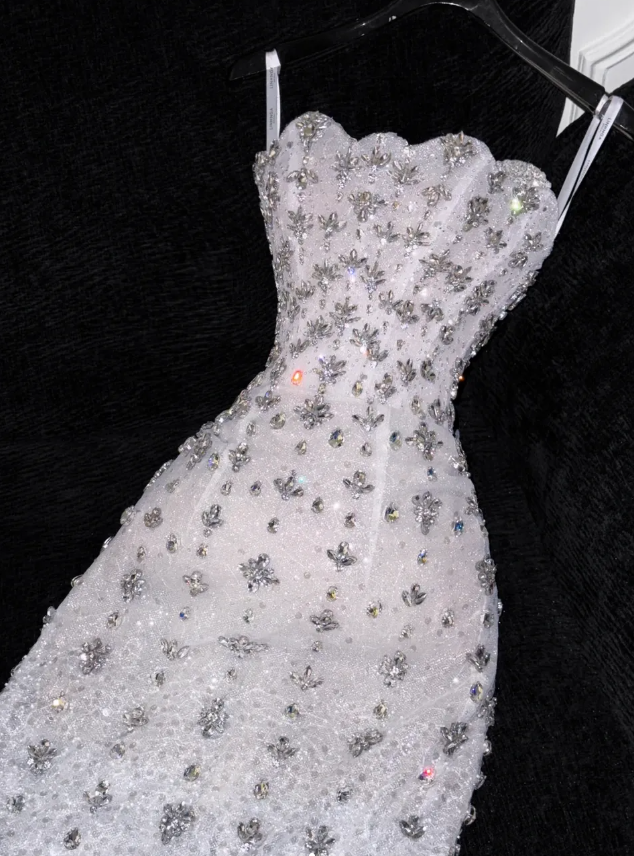 Gorgeous Sheath Strapless Rhinestone White Tulle Prom Dress Evening Dress DP2780