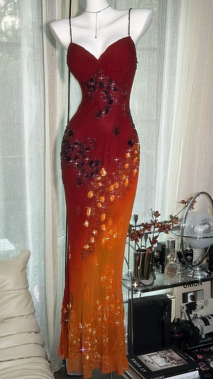 Orange Red Ombre Sheath Spaghetti Strap Exquisite Beaded Chiffon Prom Dress 21th Birthday Dress DP3899