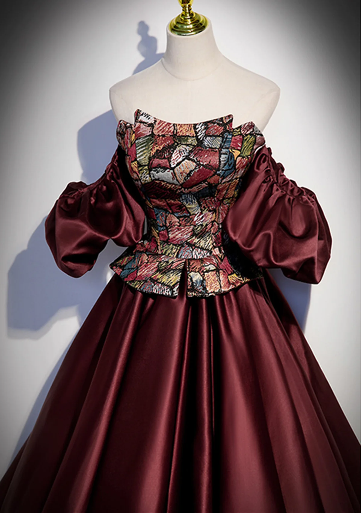 Vintage Burgundy Satin Off Shoulder Evening Dress Long Prom Dress DP219