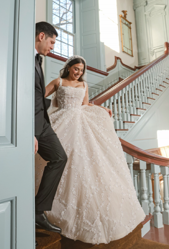 Gorgeous Ball Gown Spaghetti Strap Beaded Tulle Long Sweep Wedding Dress DP1874