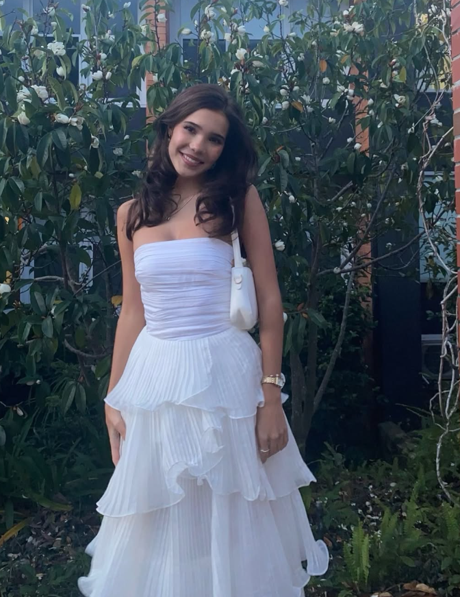 Elegant A Line Strapless Tiered White Satin Prom Dress Evening Dress DP1606