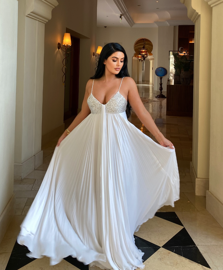 Blue Grey A Line Spaghetti Strap Sequin Beaded Pleated Chiffon Prom Dress 18th Birthday Dress DP3782