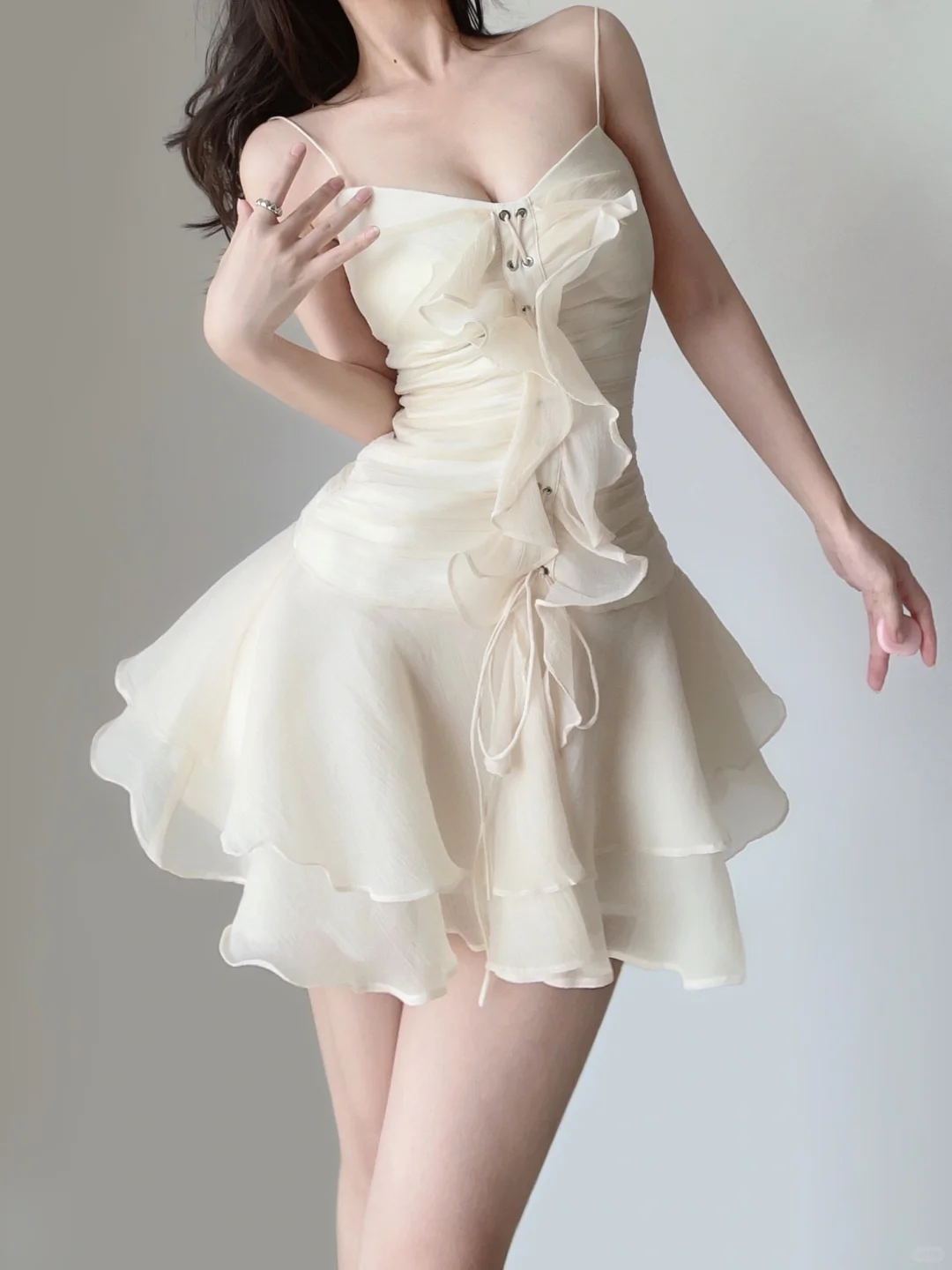 Ivory A Line Spaghetti Strap Layered Chiffon Short Homecoming Dress Cocktail Dress DP2662