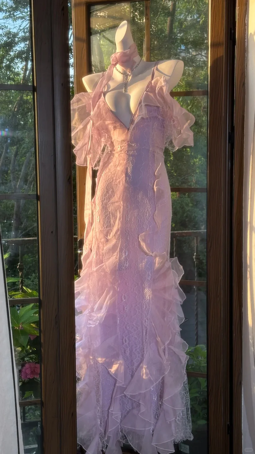 Lilac Romantic Lace Elegant Long Chiffon Ball Gown Party Dress Date Dress DP2911