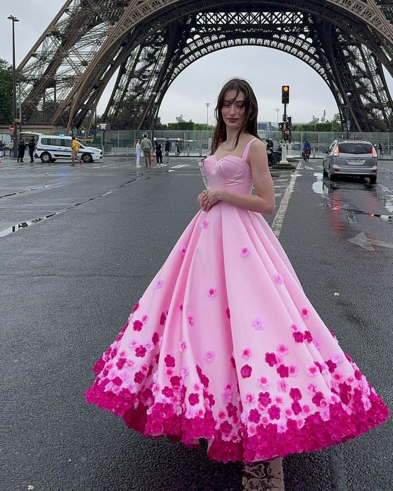 Pink Ombre Floral A Line Straps Satin Prom Dress 16th Birthday Dress Formal Dress DP3200