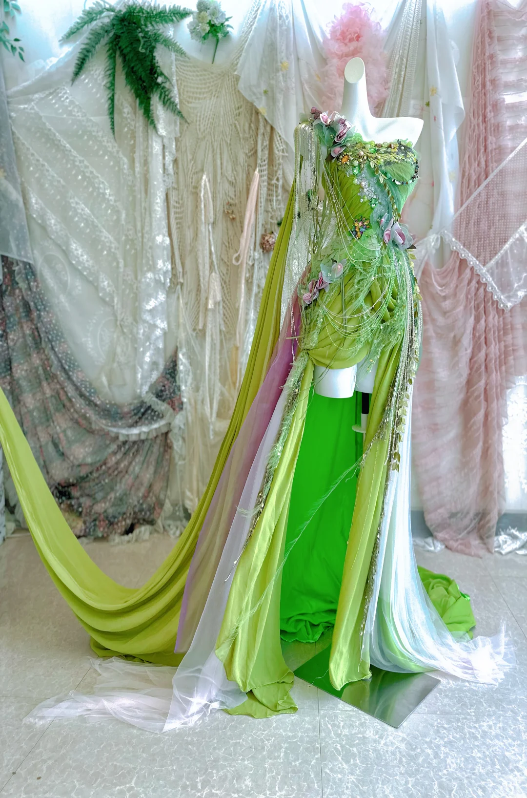 Stunning A Line One Shoulder Beaded Green Chiffon Prom Dress 16th Birthday Dress with Slit DP3840