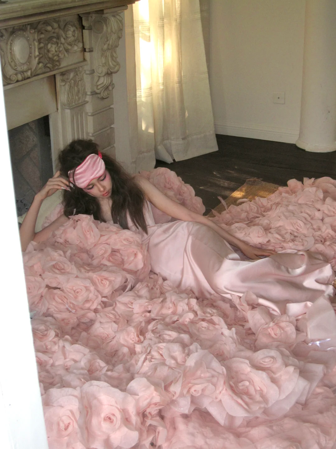 Unique Mermaid Straps Pink Satin Flower Tulle Party Dress Evening Dress DP2548