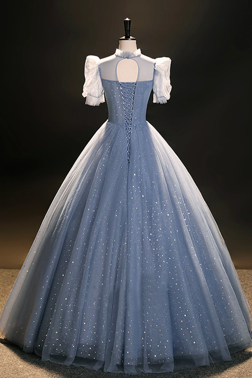 Elegant Blue Tulle Floor Length Prom Dress Formal Evening Dress DP492