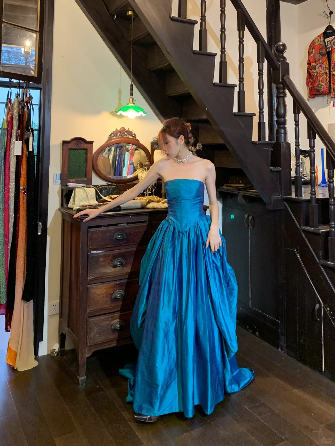 Vintage A Line Strapless Blue Satin Long Party Dress Evening Dress DP2438