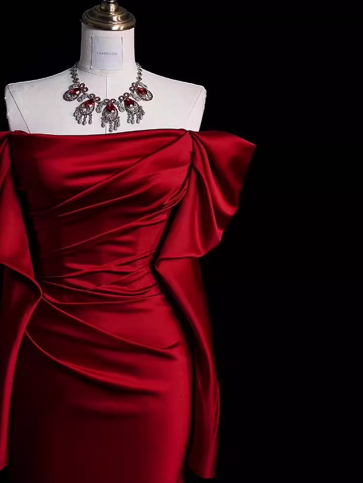 Off The Shoulder Burgundy Long Satin Prom Dress Mermaid Evening Dress DP133