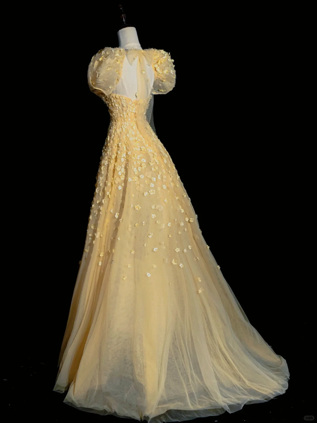 Cute A Line Puff Sleeve Yellow Flower Tulle Long Prom Dress Graduation Prom Dress DP2142