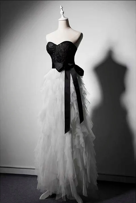 Gothic Black White Tulle Beaded Strapless Prom Dress Evening Dress DP452