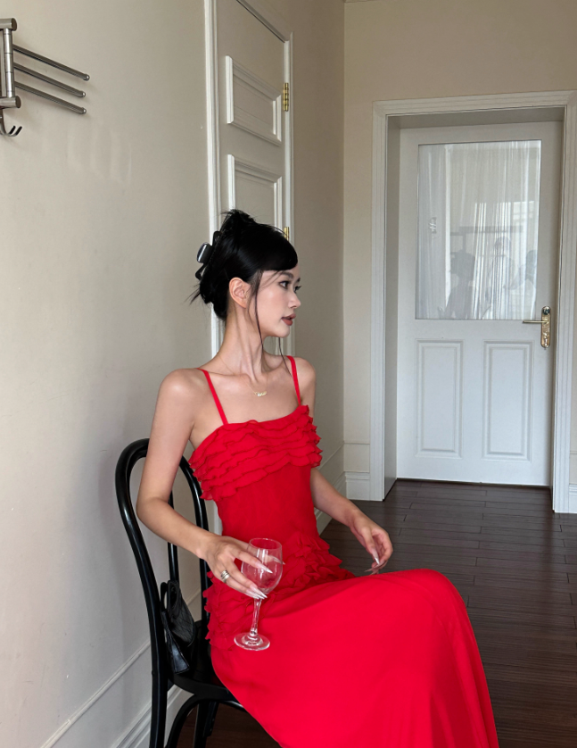 Charming Red A Line Spaghetti Strap Chiffon Prom Dress Date Dress Outfits DP3457
